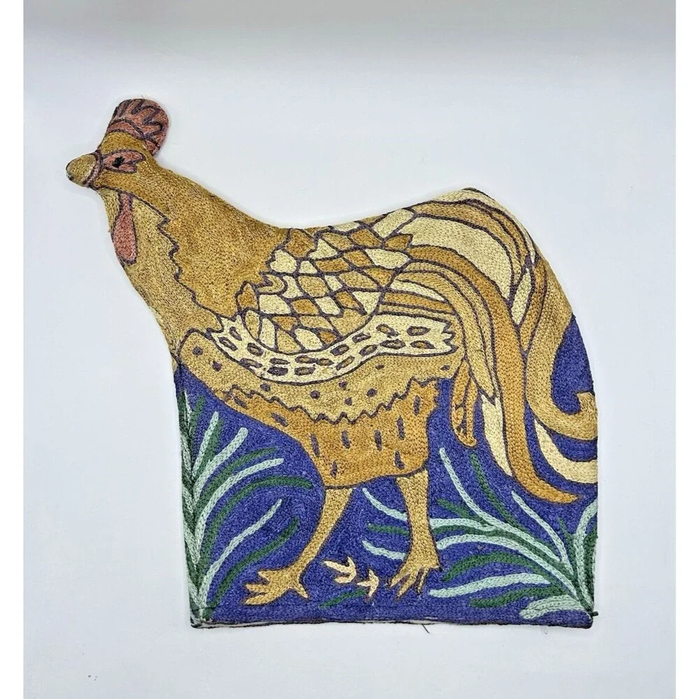 Handmade Rooster Chicken Teapot Cozy Cover Chainstitch Embroidery Crewel